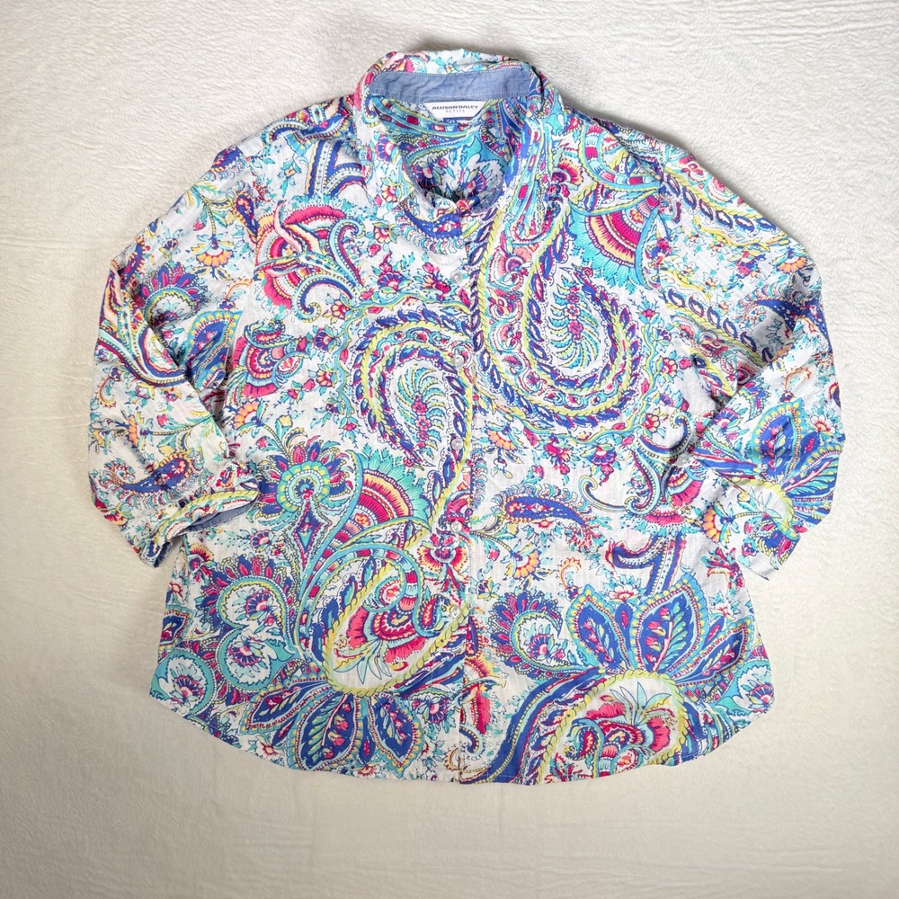 Allison Daley Petite Paisley L Button Up Shirt Women Large Colorful 100% Cotton